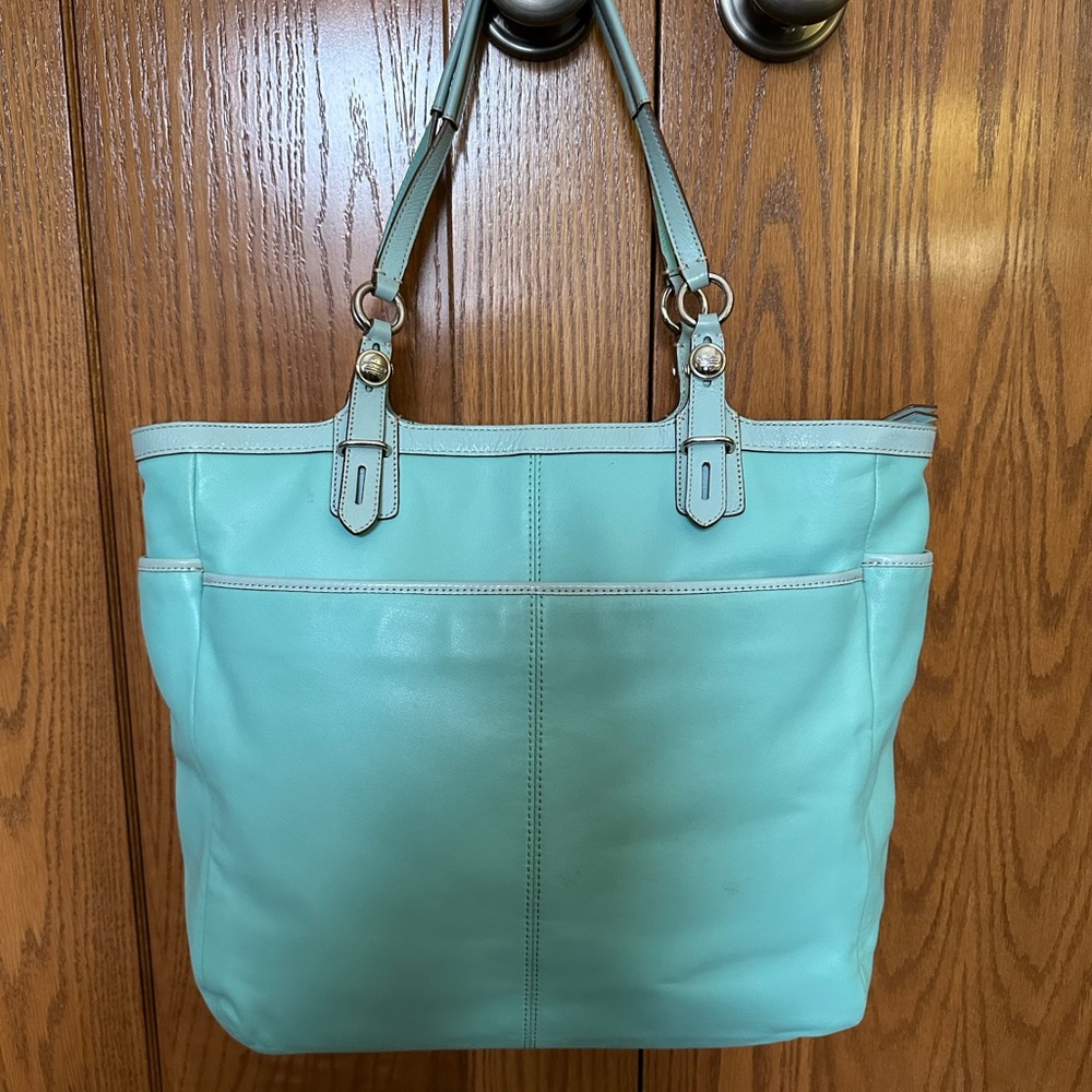Coach Robins Egg Blue Leather Tote Bag - Picture 2 of 6